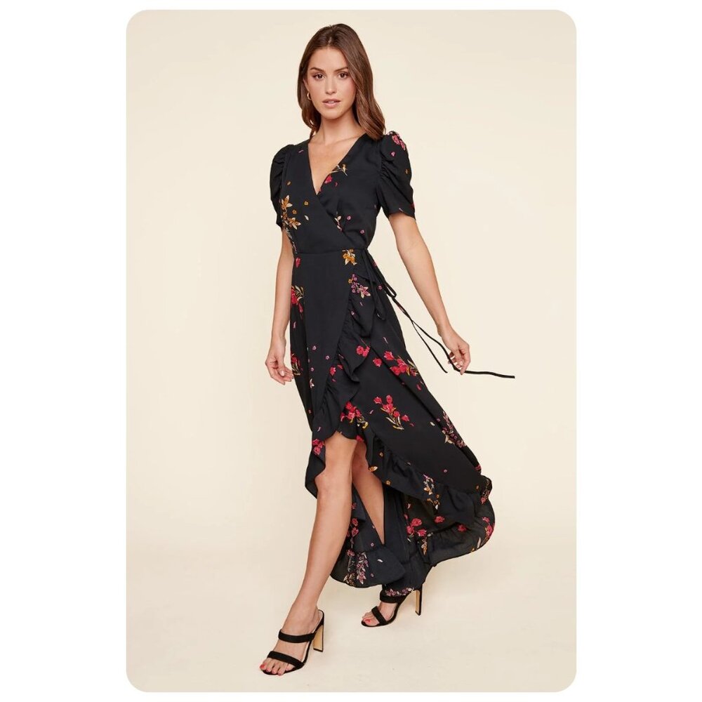 !! Sugarlips Black Red Nightingale Abelia Hi Low Floral Maxi Dress sz xs